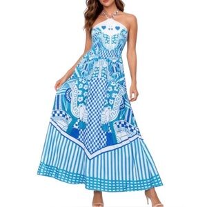 Celina Moon Queen of Hearts Halter Maxi Dress Blue White Medium